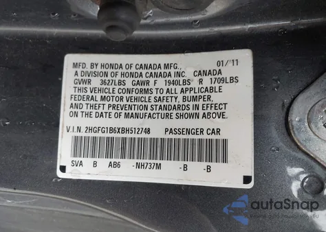 2011 Honda Civic Lx z USA, uszkodzony, nr VIN 2HGFG1B6XBH512748